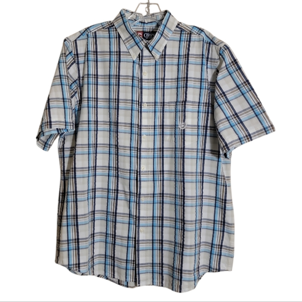 Chaps men’s large blue cream brown plaid short sleeve button down casual shirt